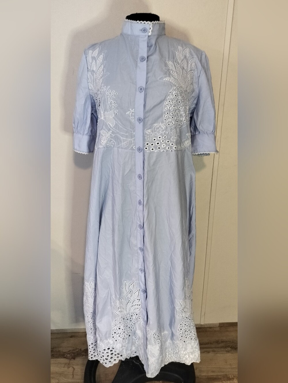 Light Blue Eyelet-Embroidered Button-Front Midi Dress